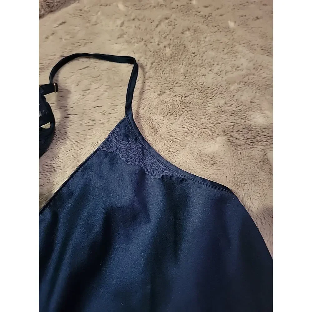 Flora Nikrooz Navy Lace Trim Cami Adjustable Straps Lingerie Top